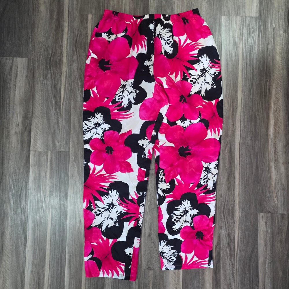 Hot Pink Tropical Hibiscus Floral Elastic Waist Relaxed Straight Leg Pants